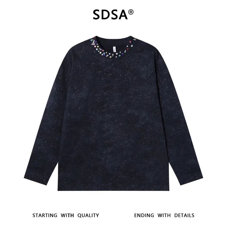 SDSA男士秋冬新款痞帅男装简约领口镶钻设计圆领长袖T恤百搭时尚