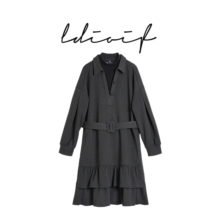 高密度固色混纱工艺恒温精梳棉假两件拼接荷叶边连衣裙#DLQ18949