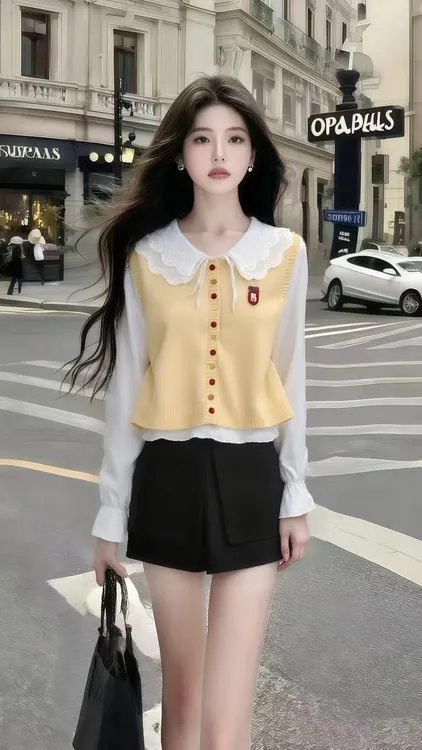秋季新款甜美风女装黄色单排扣马甲长袖上衣两件套+黑色百搭短裤