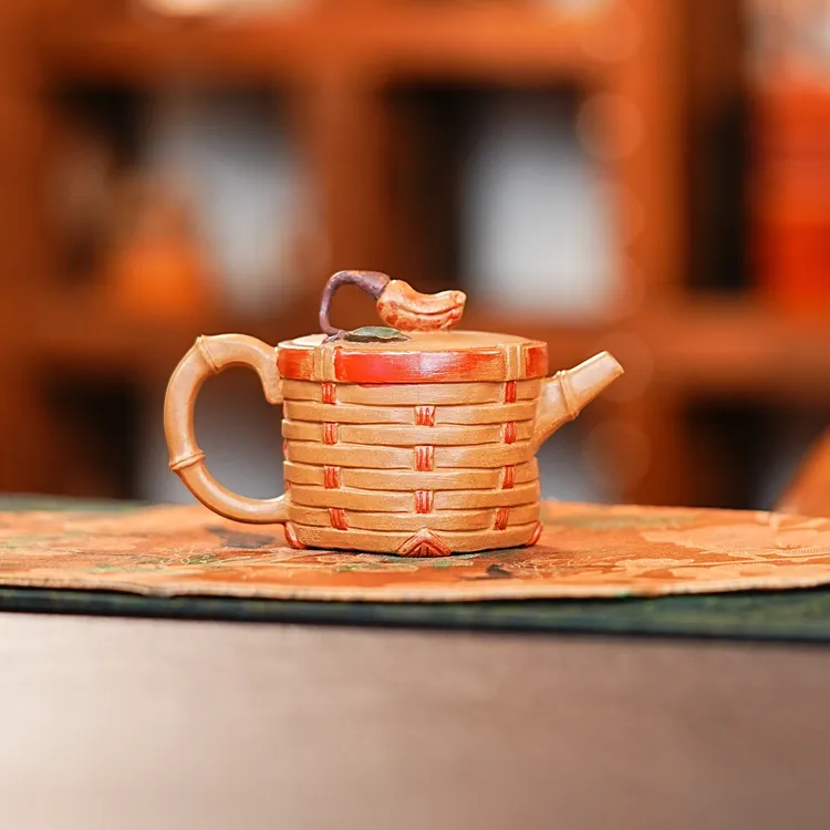 宜兴原矿紫砂全手工段泥创意雕塑竹编佛手天圆地方紫砂壶