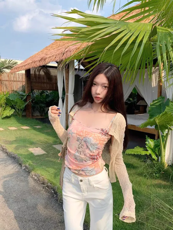 初秋新款两件套蕾丝外套加涂鸦印花背心女修身带胸垫百搭