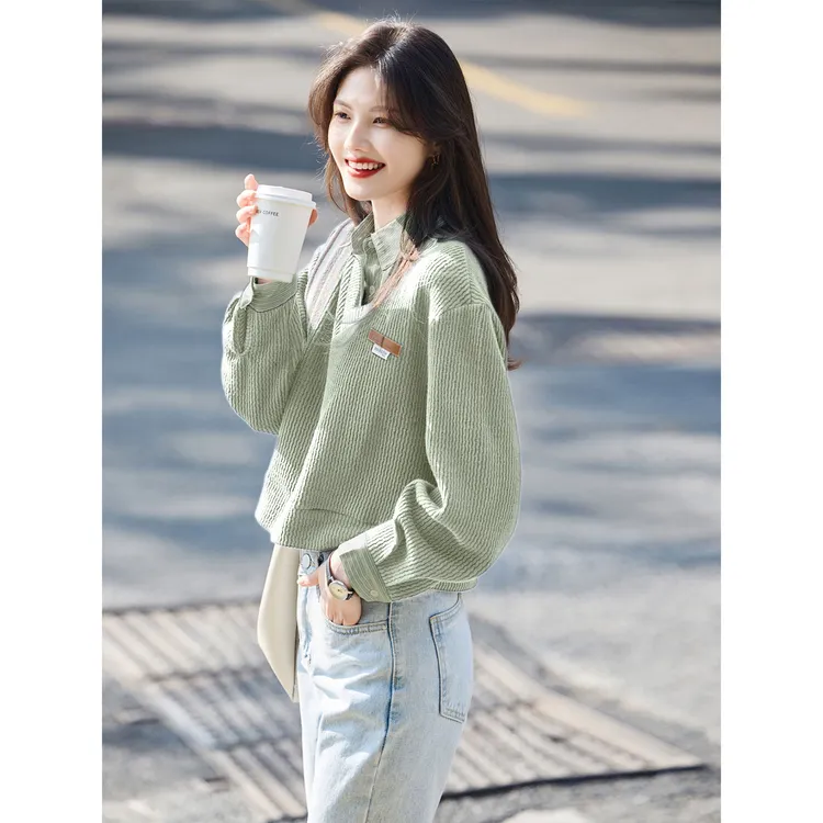 高端翻领条纹减龄洋气假两件上衣春秋冬时尚百搭美式卫衣女设计感