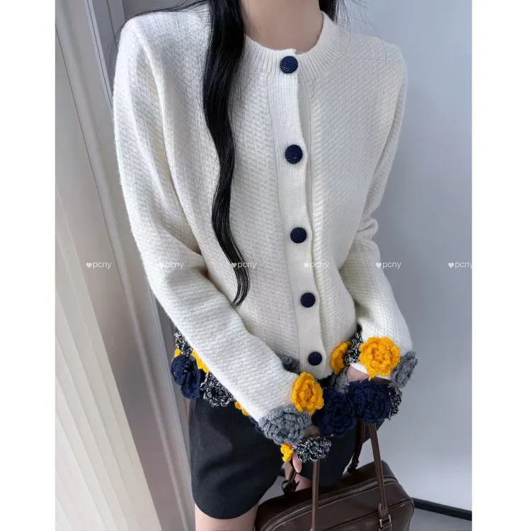 PCNY不理理“漫花镶边”手工立体花朵设计感复古毛衣长袖针织开衫