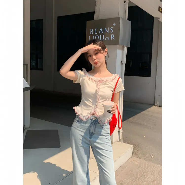 夏天二十五年甜美女修身弹力木耳边拼接短袖t恤S5197十三行文艺复
