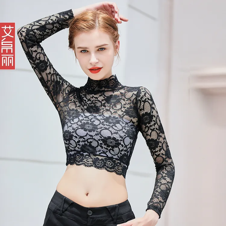 黑色透明打底衫女长袖半高领薄款蕾丝薄纱披肩网纱短款上衣春秋