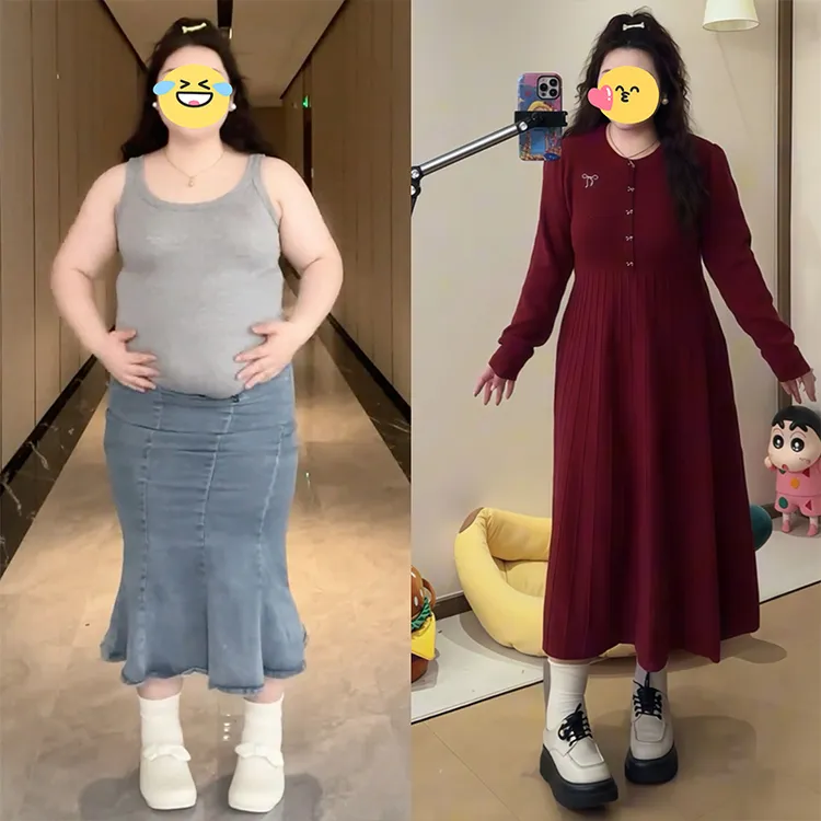 大码女装法式复古红色连衣裙女秋冬季微胖mm圆领收腰显瘦遮胯长裙