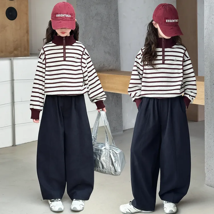 女童卫衣套装春秋款中大童洋气2025秋季新款韩版条纹卫衣休闲裤潮