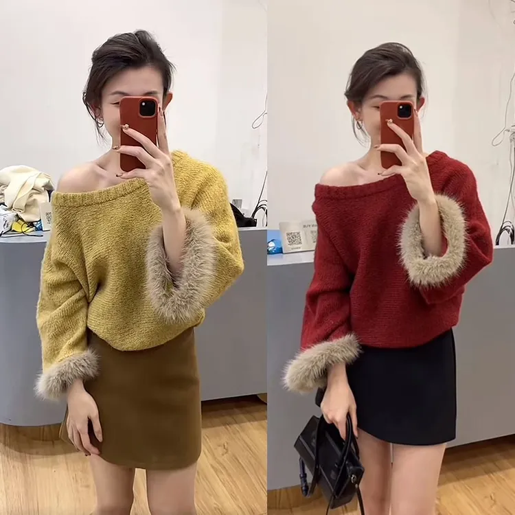 过年穿搭一整套装女2026新款宽松斜肩针织衫毛衣百搭短裙两件套