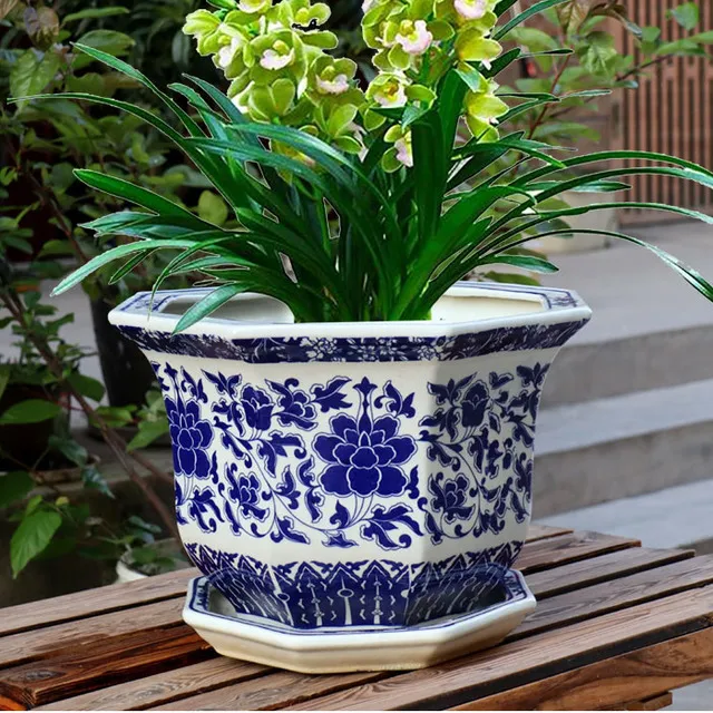 景德镇陶瓷花盆青花瓷大号带接水盘仿古树盆发财树种花居家阳台