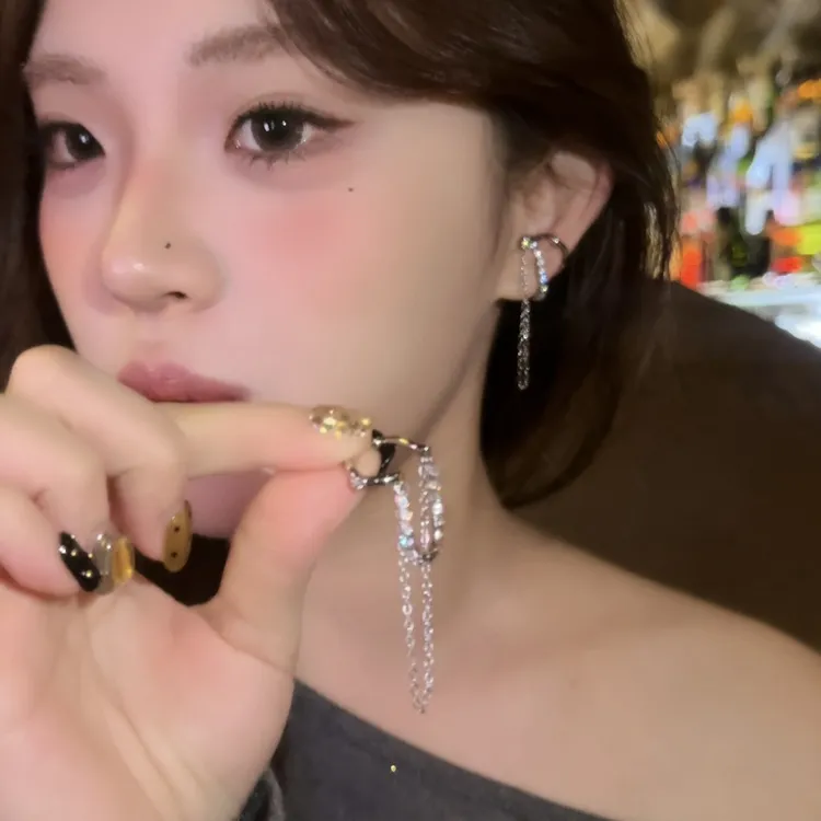 铜合金合成锆石耳饰 微镶闪锆链条耳骨夹无耳洞耳夹流苏耳环女