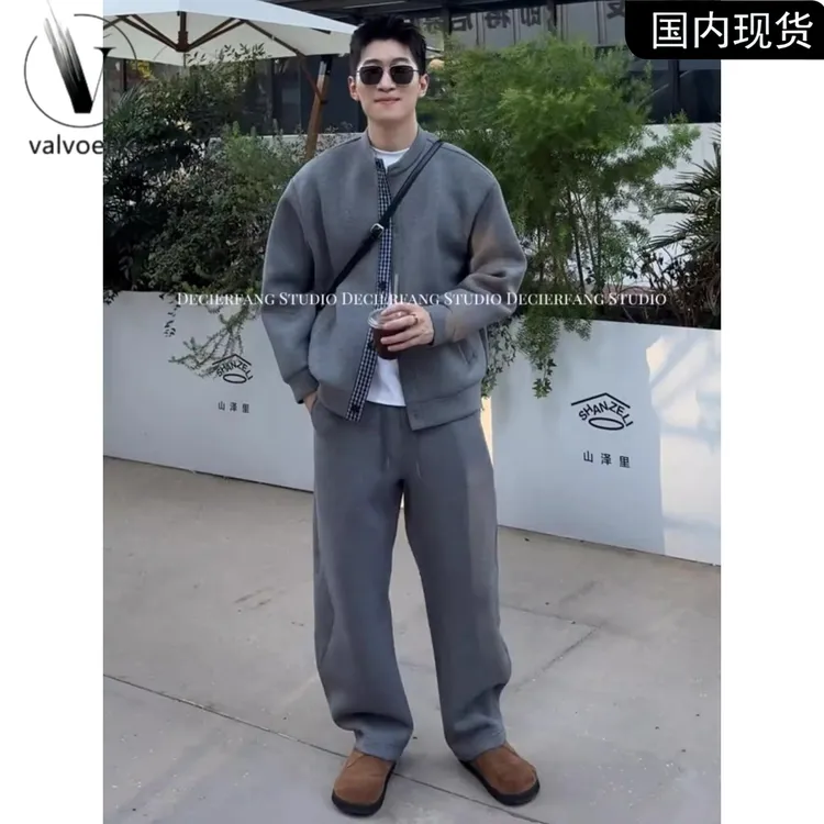 秋季新款时尚潮流假两件运动套装男士慵懒风休闲外套卫裤两件套