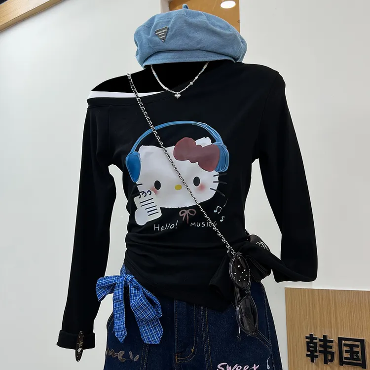 时尚长袖t恤女2025新款早秋修身显瘦百搭露肩打底衫设计感小众ins