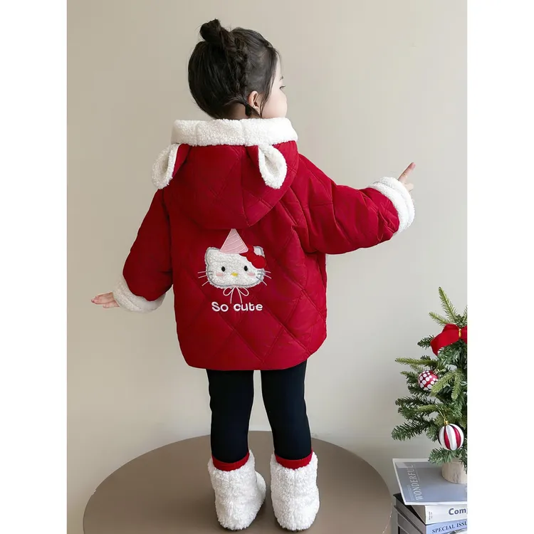女童卡通加绒棉服秋冬季2025新款洋气女宝宝加厚保暖冬装连帽棉衣