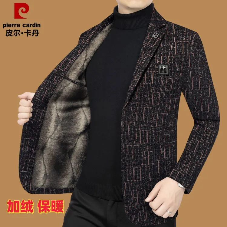 皮尔卡丹秋冬季新款商务休闲加绒加厚款西服男士保暖西装外套韩版
