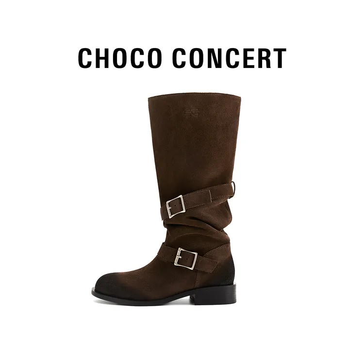 【明星同款】CHOCOCONCERT秋新款复古堆堆靴流光风真皮新年聚会女鞋