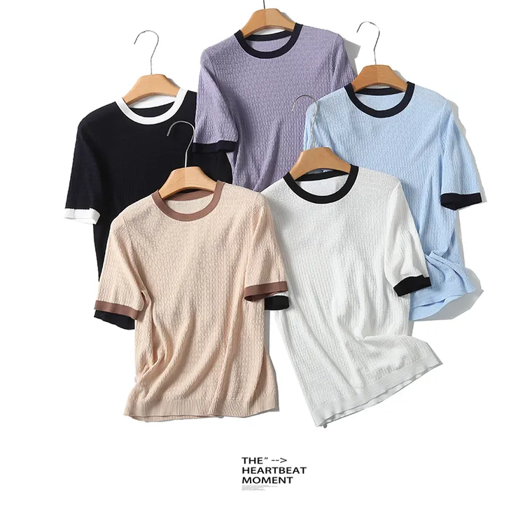 惊喜！门店29&9！泡泡冰沙T恤」肌理感圆领撞色短袖针织上衣Y00056