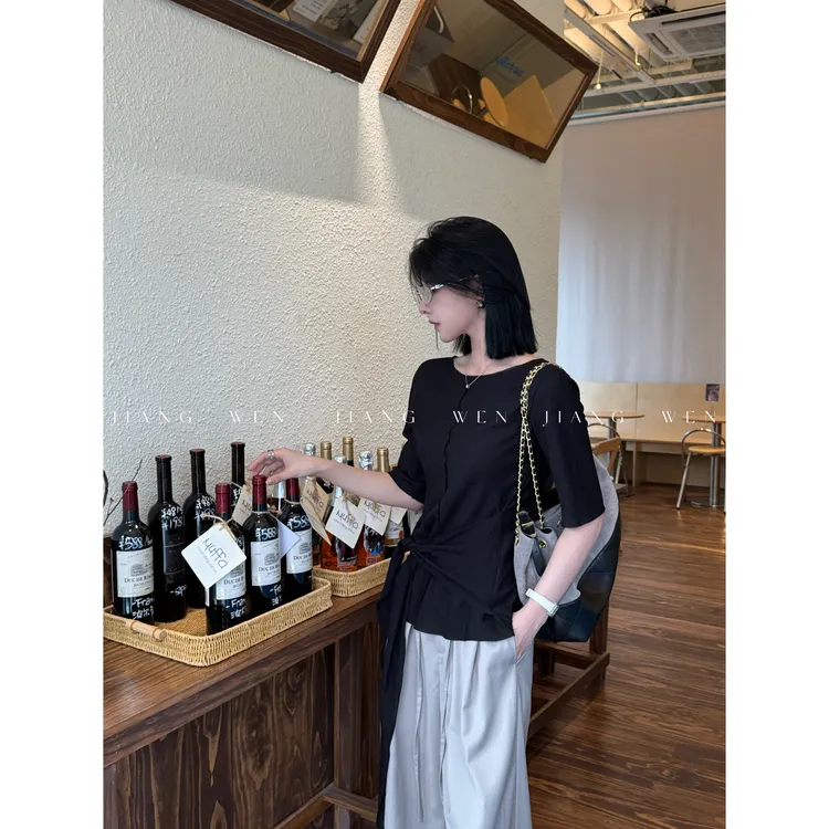 【安浅】“莱赛尔”天丝肌理感绑带收腰中袖上衣