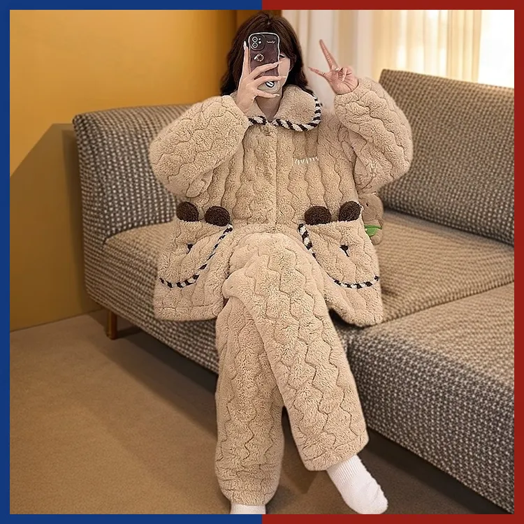 珊瑚绒孕妇冬季睡衣女加绒加厚三层夹棉套装保暖法兰绒产后月子服