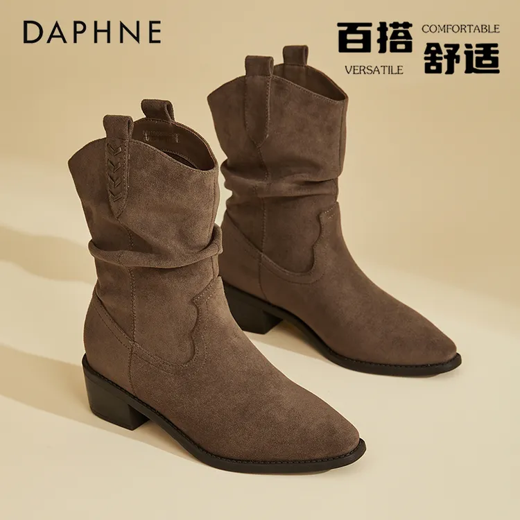 达芙妮琥珀流光风高跟短靴女2025秋季新款显瘦V口中筒复古堆堆靴