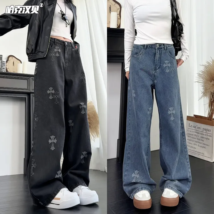 韩系提花牛仔裤男女款秋季潮牌小众风cleanfit宽松直筒休闲长裤