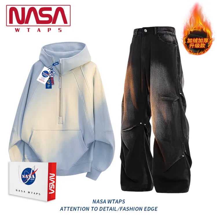 NASA WTAPS硬挺加绒保暖卫衣套装男秋冬外套痞帅潮牌半拉链两件装