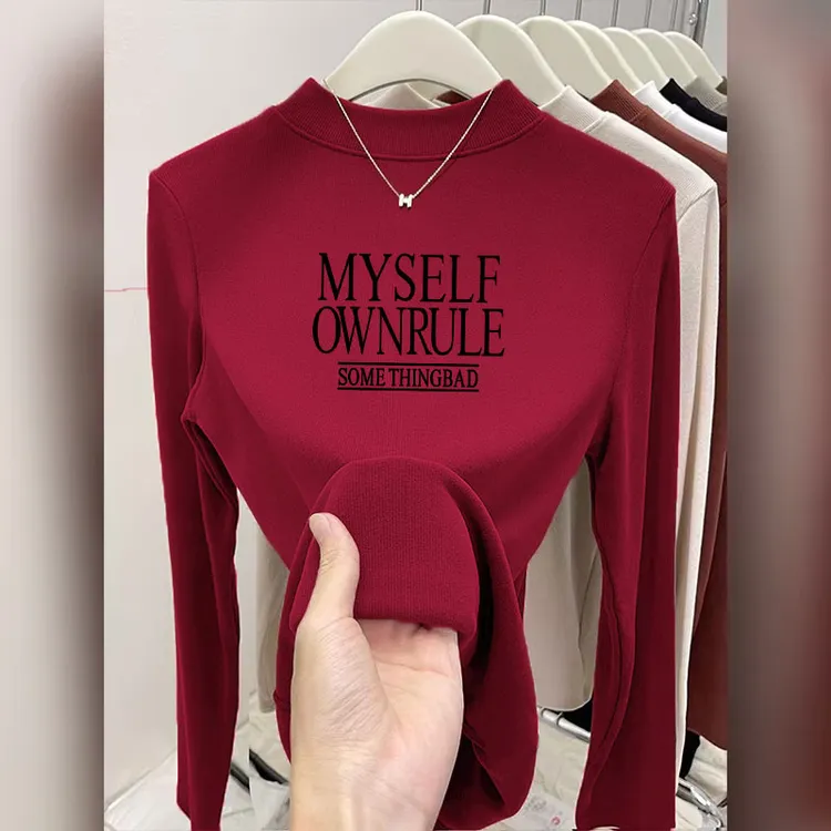 2025秋冬新款螺纹设计感女士修身显瘦字母长袖T恤半高领红色上衣