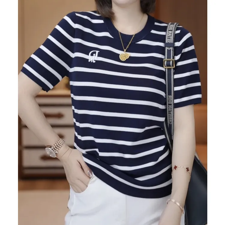 【条纹沙漏】2025年夏季新款莱赛尔刺绣字母撞色圆领条纹短袖T恤女