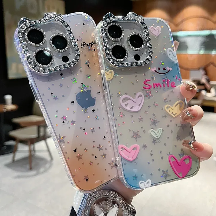 适用苹果系列iPhone16手机壳渐变波点爱心猫耳型满边钻框钻镜头膜