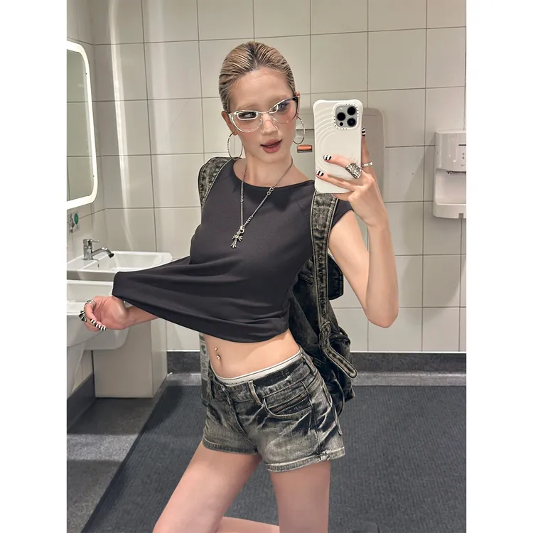 DGWTING女装短袖螺纹欧式耐磨圆领T恤休闲辣妹风短款修身夏季黑色