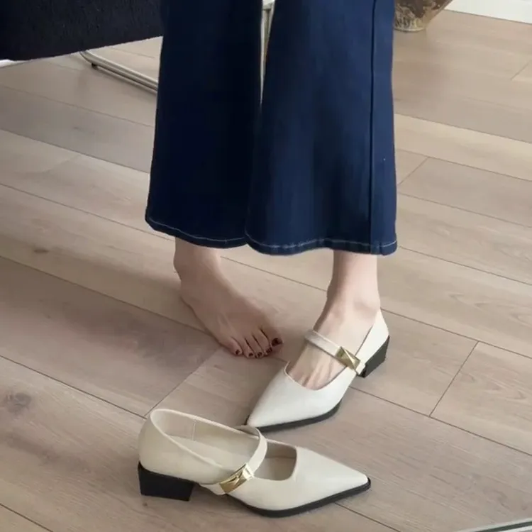 日常版气质单鞋一脚蹬通勤尖头~配裙子羊皮玛丽珍鞋浅口法式浅口