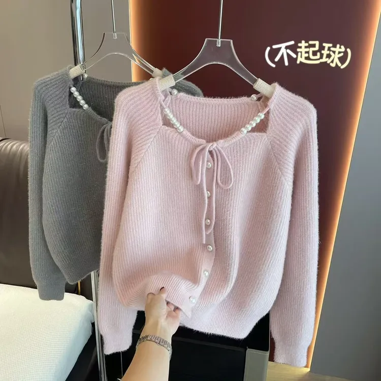 不起球 甜美温柔风系带珍珠扣水毛毛针织开衫女法式毛衣外套