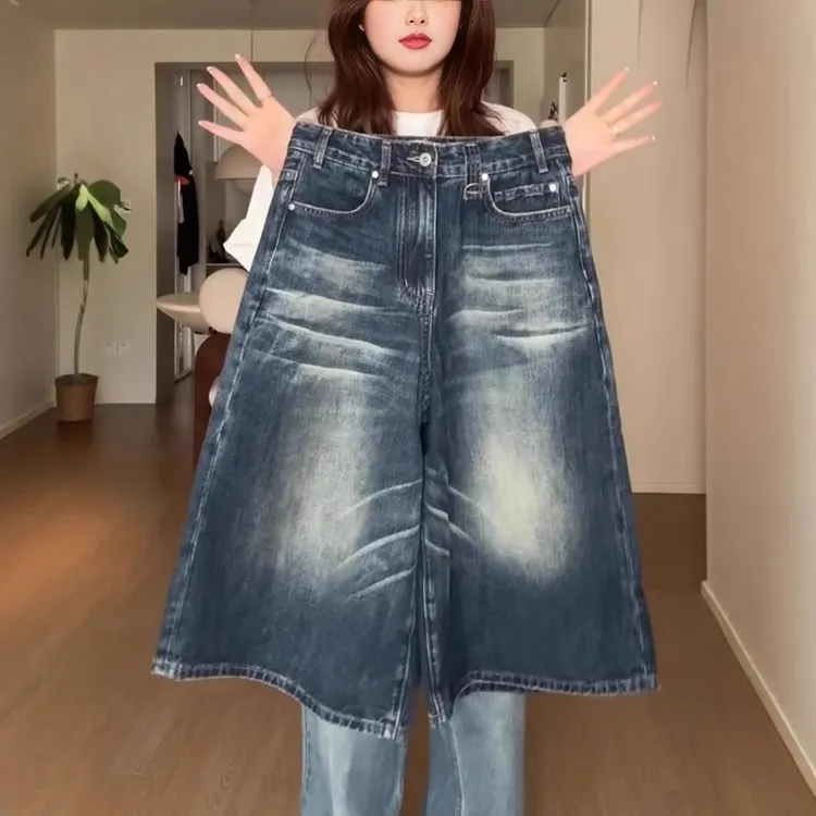 大码美式复古宽松廓形七分牛仔短裤女夏季胖mm高街设计感阔腿中裤