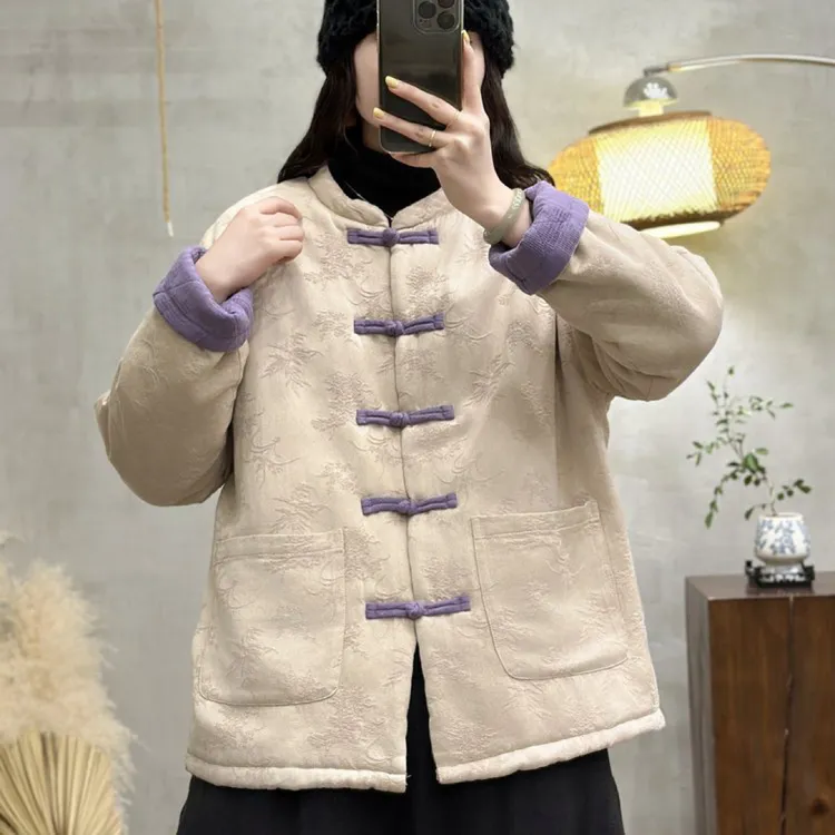 新中式提花盘扣冬季女士加厚保暖棉服国风撞色拼接外套女百搭显瘦