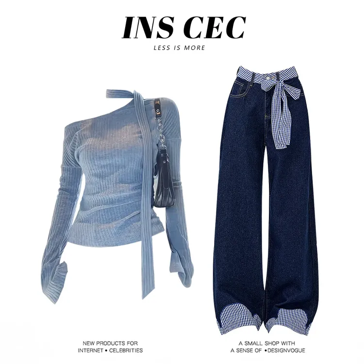 INS CEC韩系时尚清冷风修身长袖针织衫直筒系带休闲裤子早秋套装