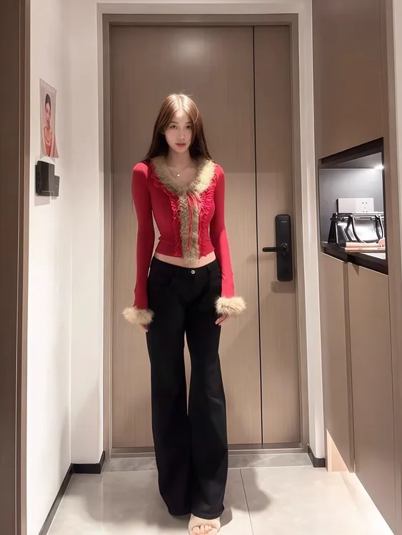 韩系V领毛边拼接针织衫女修身显瘦辣妹长袖上衣秋冬纯欲打底毛衣