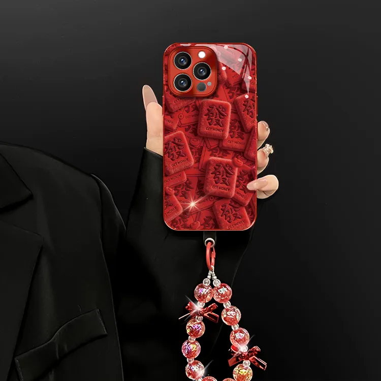 适用于【苹果/oppo/华为/vivo/小米】电镀玻璃毛绒红發财防摔手机壳