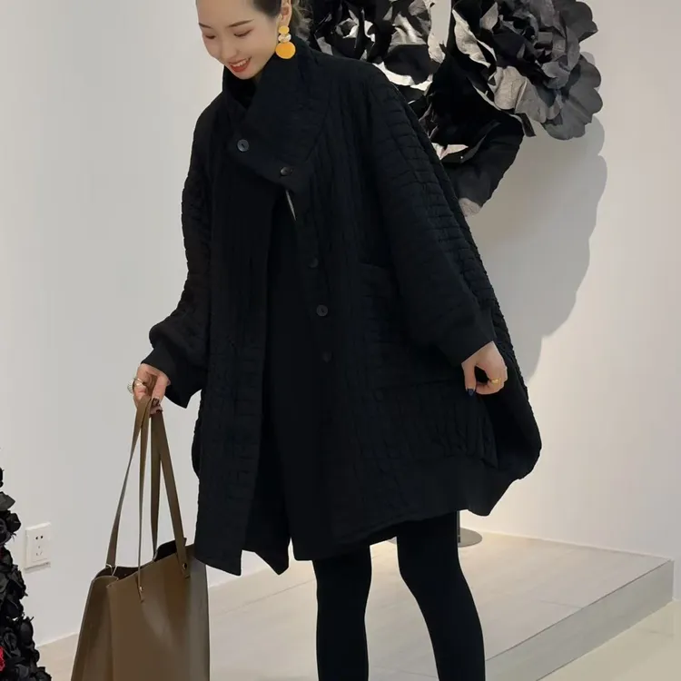  冬款 欧韩时尚个性纯色女立领中长款短外套黑色高领翻领   