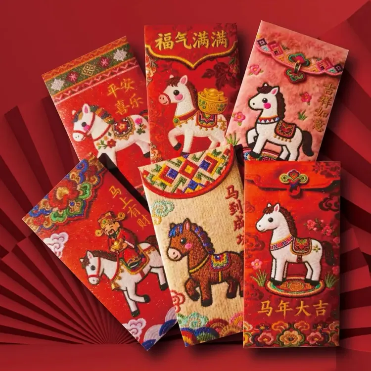 【到手30个】2026马年平面立体创意红包仿刺绣风格大号压岁利是封