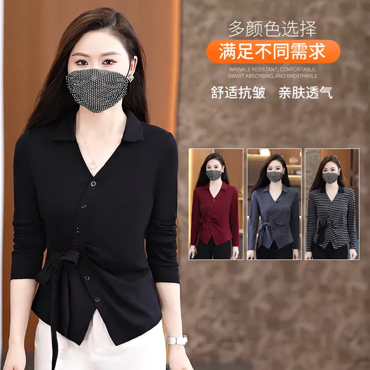 2025秋季新款时尚洋气百搭减龄女长袖V领修身型T恤设计感小众上衣