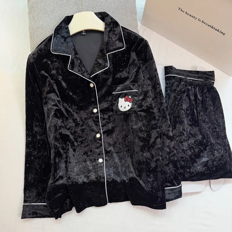睡衣女秋冬款金丝绒厚款长袖轻奢烫钻满天星KT猫高级感家居服套装