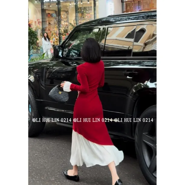 LIHUILIN/质感极简不规则荷叶边拼接设计连衣裙