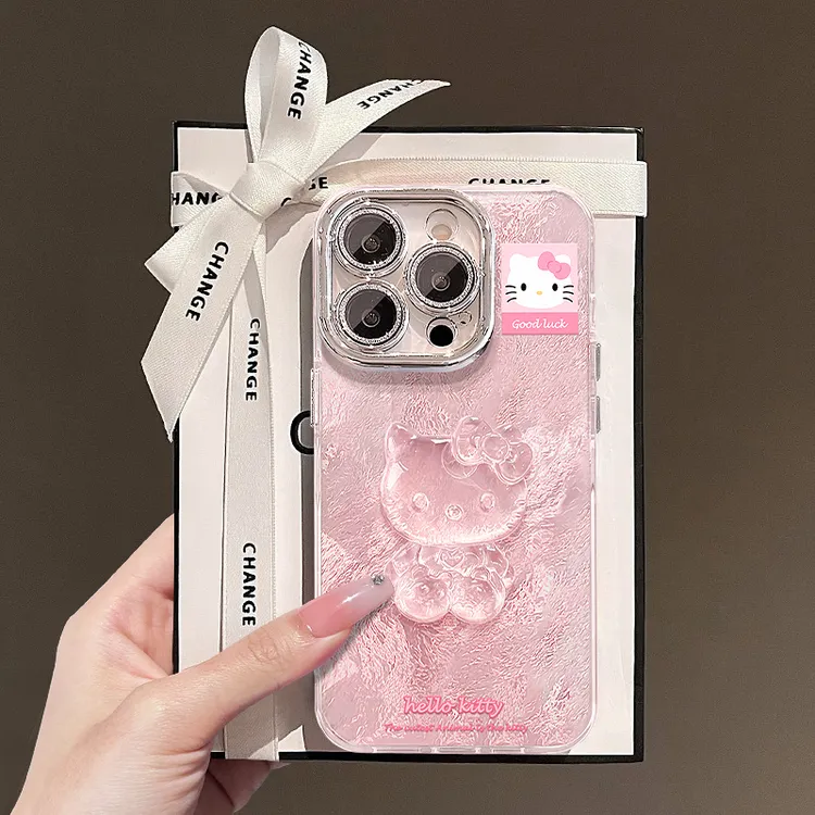 KT猫公仔适用苹果15华为vivo/oppo小米iPhone16精孔冰川纹手机壳