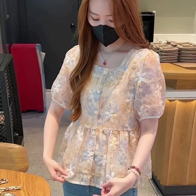 法式甜美风衬衫2025新款春夏方领泡泡袖衬衣荷叶边设计提花上衣女