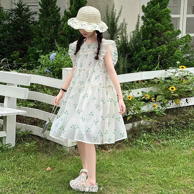 女童小清新飞袖连衣裙夏季薄款大儿童夏天雪纺碎花裙子11岁女孩15