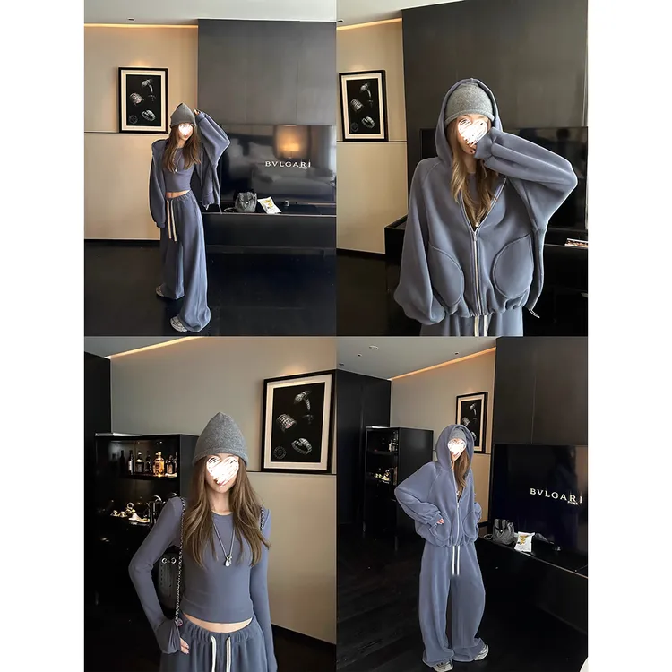 秋冬新款懒人三件套连帽开衫卫衣宽松阔腿长裤内搭打底套装 90021