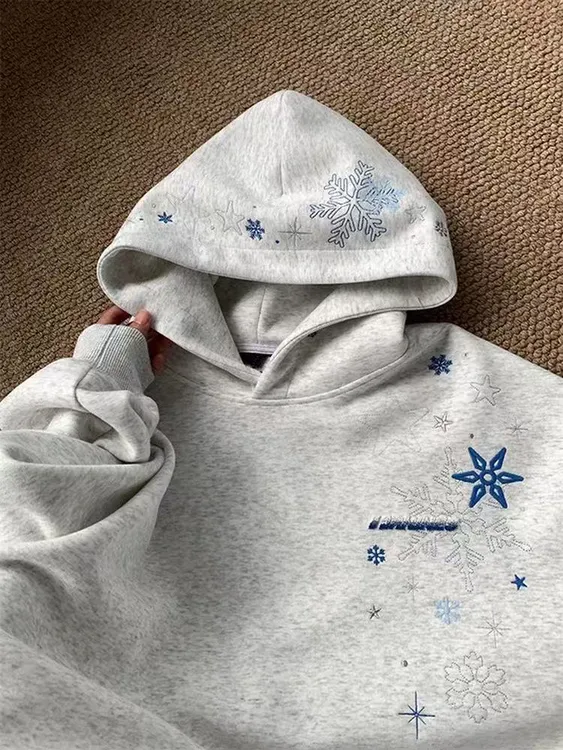 重磅雪花刺绣灰色连帽卫衣女ins潮牌秋冬新款加绒小众情侣上衣男 