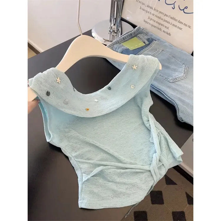 轻奢小众高级感女装2025夏季新款绿色一字肩系带收腰短袖T恤上衣