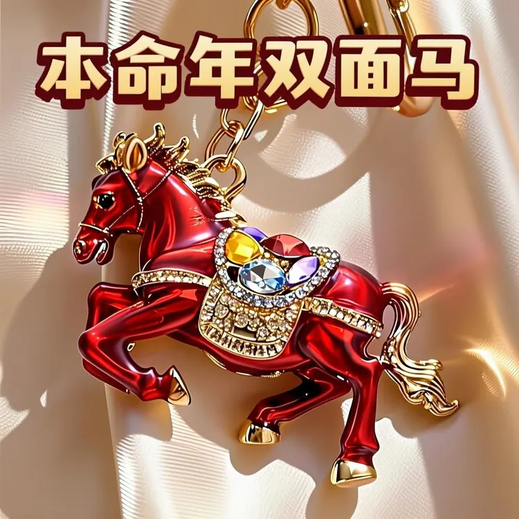 本命年镶钻画油立体生肖小马车钥匙扣男女属相包包挂件金属钥匙圈