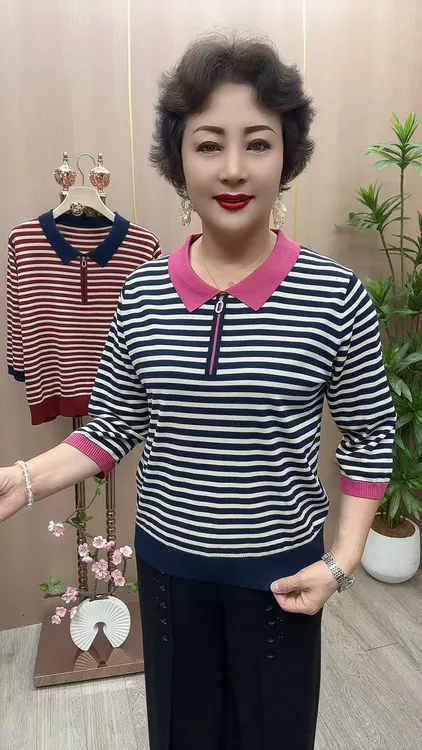 5S#1187-8分袖针织衫 衣长60 中老年女装 新款横条减龄针织衫