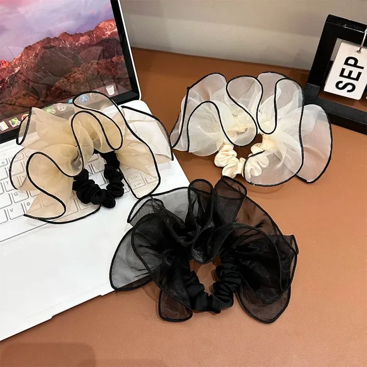 欧根纱褶皱半圆大肠发圈女2025新款无扎痕春夏发绳头花氛围感发饰